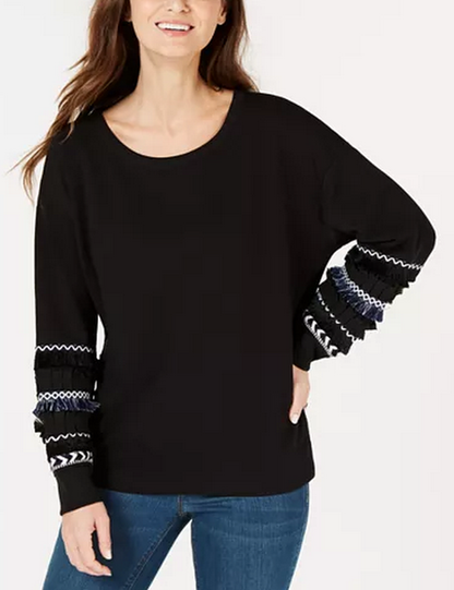 STYLE &amp; CO Womens Black Fringe Banded Long Sleeve Crew Neck Sweater, Medium
