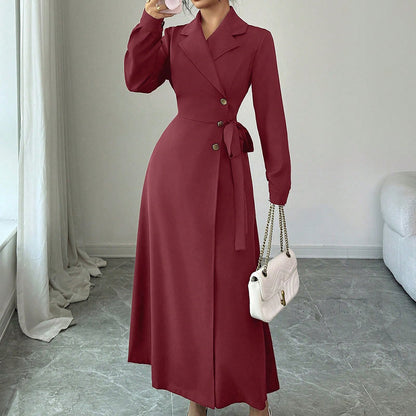 Womens Suit Collar Long Sleeve Waist Tie Dress