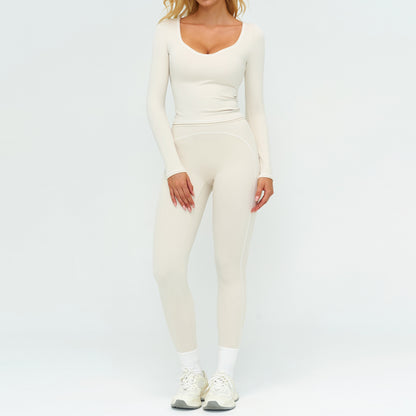 Color-Blocking Brushed Yoga Set for Women Double Shoulder Straps Workout Fitness Suit