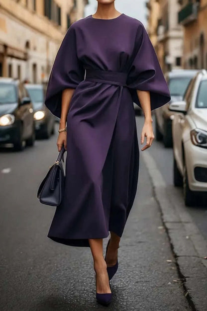 Womens Elegant Solid Color Waist-Cinching Batwing Sleeve Long Dress