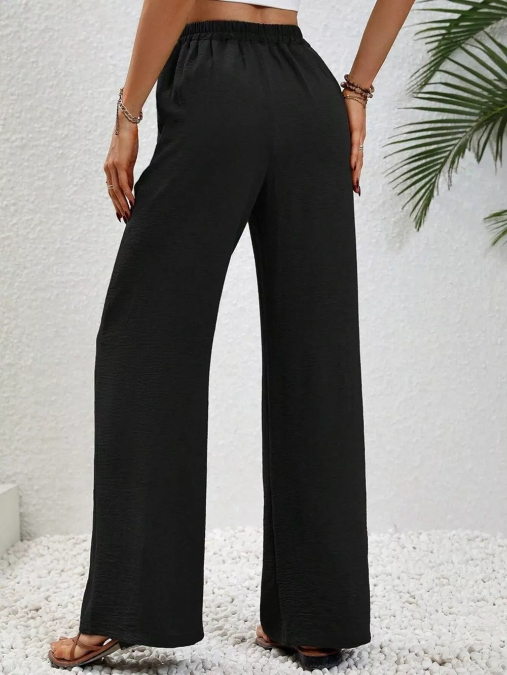 Casual Drawstring Wide Leg Pants: Black