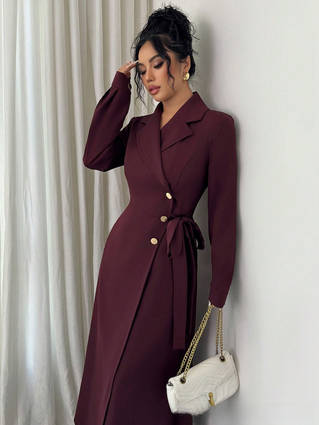 Womens Suit Collar Long Sleeve Waist Tie Dress