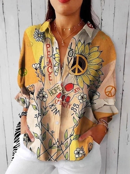 Floral Print Long Sleeve Womens Lapel Cardigan Shirt