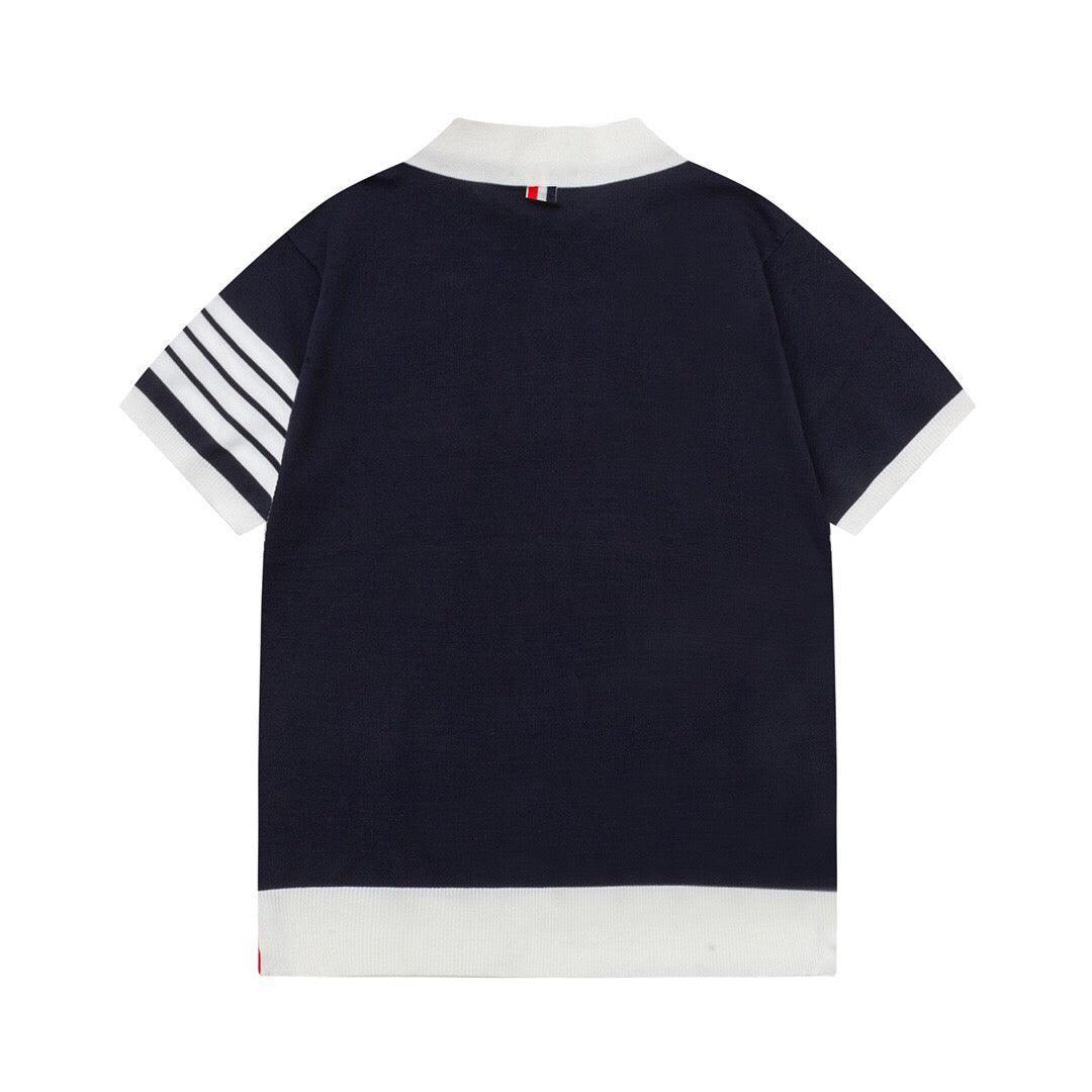 Thom Browne Navy Blue &amp; White T-Shirt with Collar