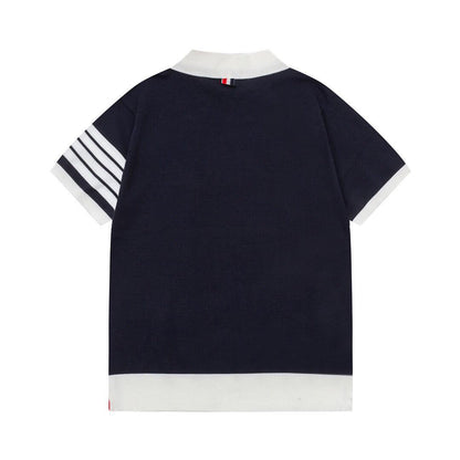 Thom Browne Navy Blue &amp; White T-Shirt with Collar