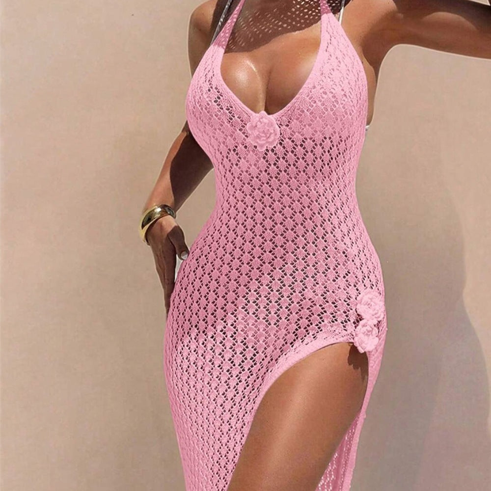Solid-color Sexy Knitted Crochet Cover-up Bikini Swimwear Beach Dress for Women