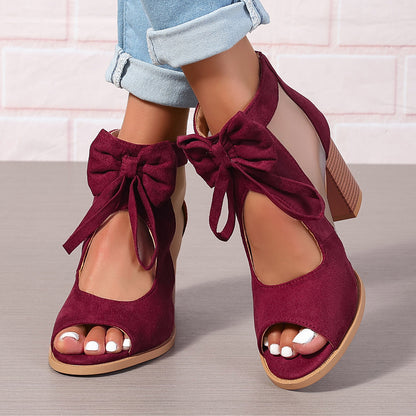 Womens Chunky Heel Sandals with Bow Suede High Heels Hollow Sandals