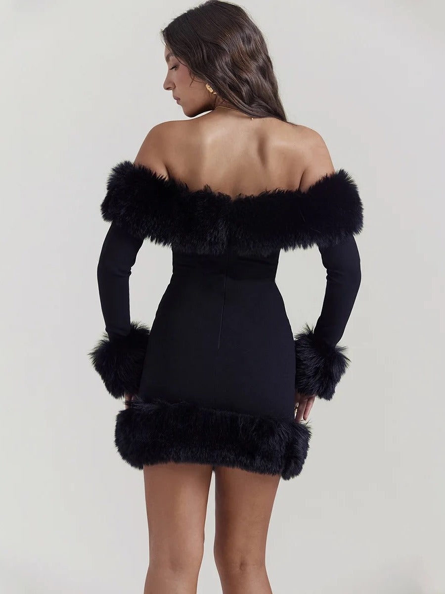high temperament plush long sleeve off-shoulder autumn and winter backless Sexy Slim solid color hot girl hip skirt