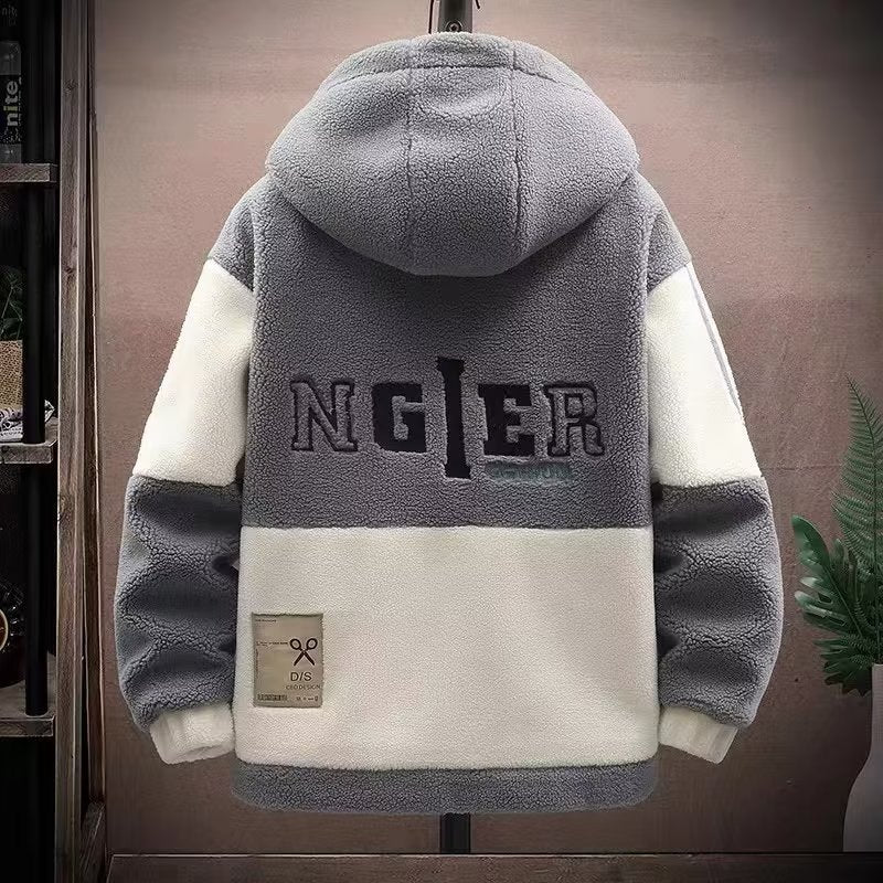 Winter Men Lamb Wool Hooded Jacket