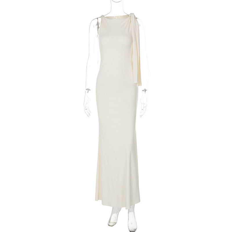 Elegant Sleeveless A-Line Dress with Shoulder Ribbon