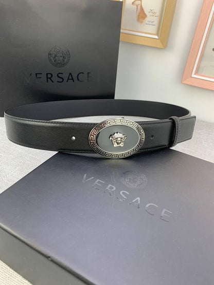 Versace Black Leather Vitello Belt Silver Medallion Buckle