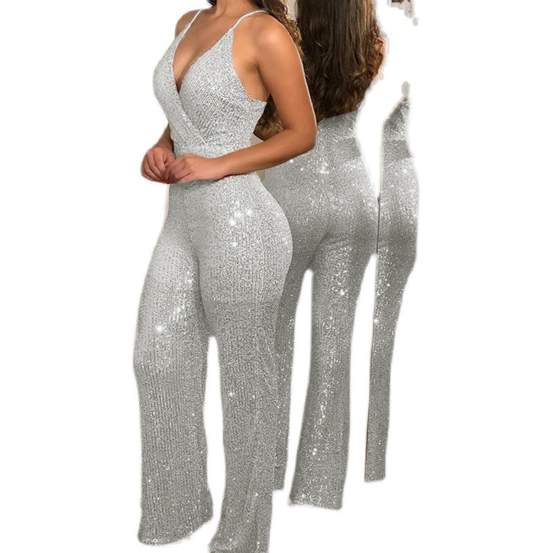 Womens Sequined Slim Fit V Neck Spaghetti Strap Jumpsuit