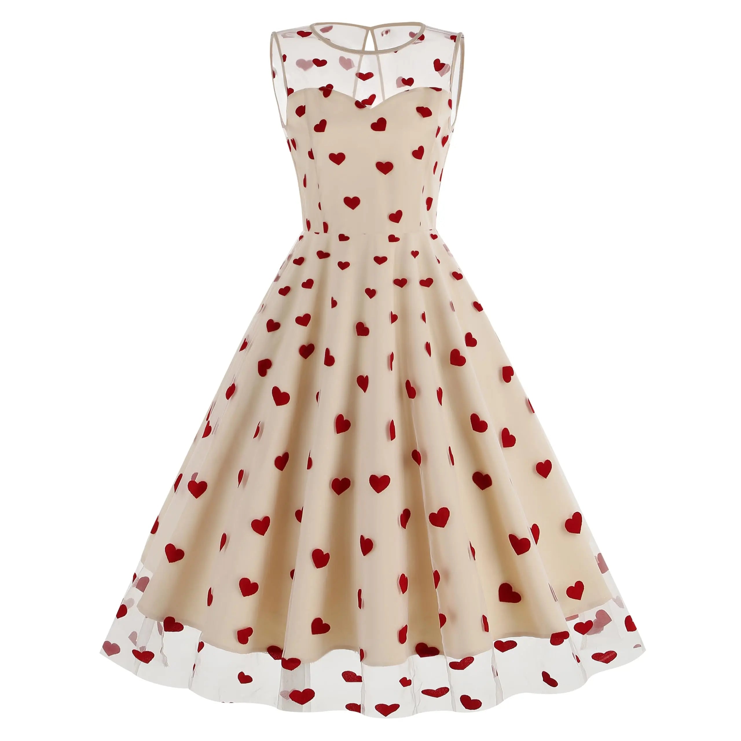 Valentine's Day tulle heart print party dress with sleeveless sheer mesh design and red heart patterns.