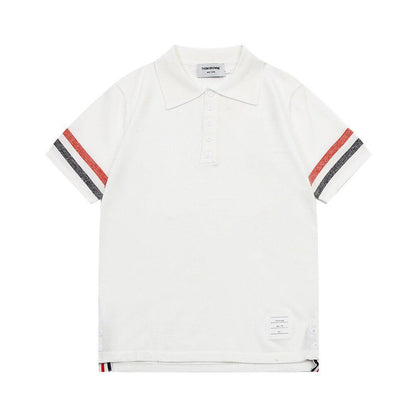 Thom Browne Classic Fit White Collar T-Shirt with Tricolor Grosgrain Detailing