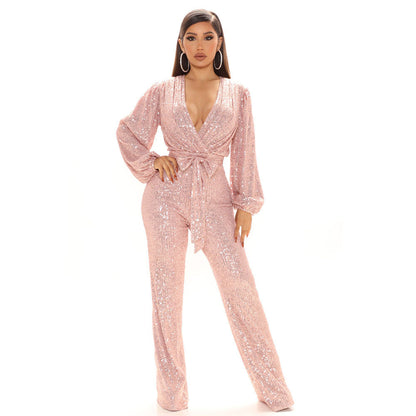 Womens Sequins V-Neck Wide Leg Pants