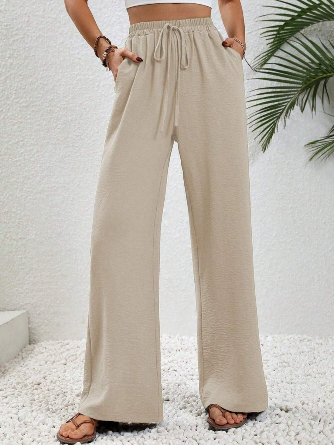 Casual Drawstring Wide Leg Pants: Apricot