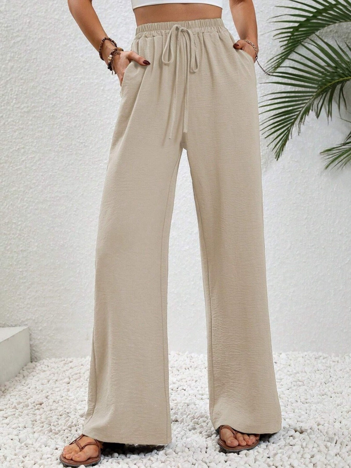 Casual Drawstring Wide Leg Pants: Apricot