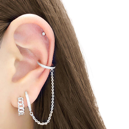 CZ Diamond Chain Ear Cuff with Hoop Earring: Gold