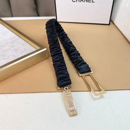 Chanel Logo Buckle Elastic Belt Leather with Metal and Crystals &