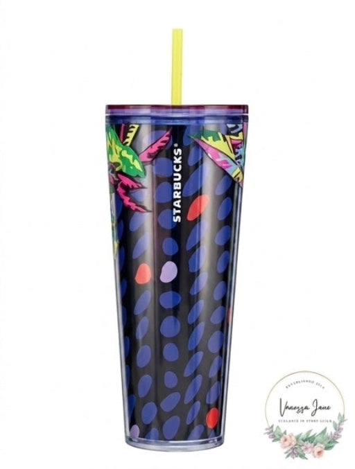 Starbucks Floral &amp; Leaves Purple Plastic Tropical Cold Cup 24Oz