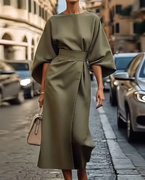 Womens Elegant Solid Color Waist-Cinching Batwing Sleeve Long Dress