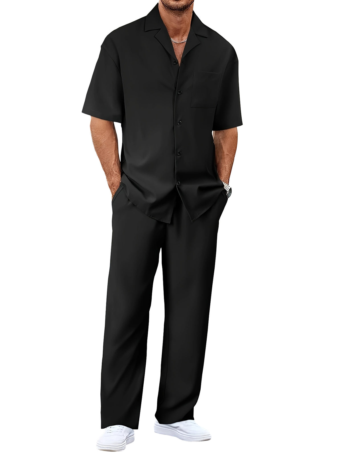 Mens Casual Two Piece Suit Loose Fit Short Sleeve Shirt and Trouser Set