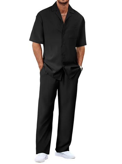 Mens Casual Two Piece Suit Loose Fit Short Sleeve Shirt and Trouser Set