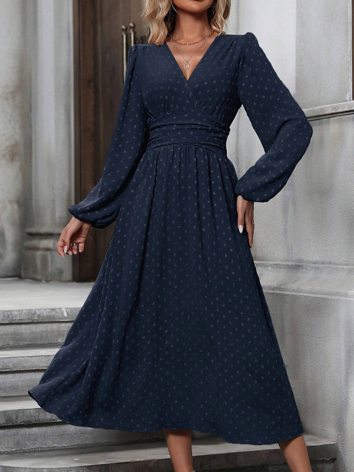 medium fur ball diagonal collar lantern sleeve pleated waist dress