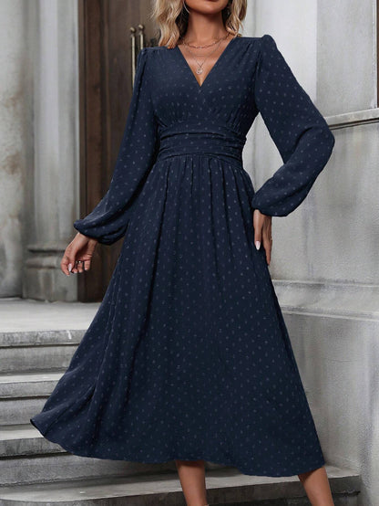 medium fur ball diagonal collar lantern sleeve pleated waist dress
