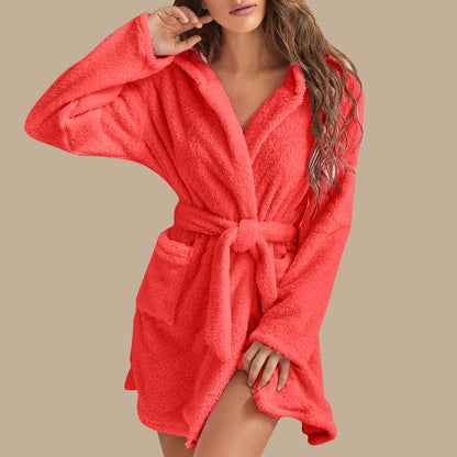 Plush Hooded Fleece Bathrobe for Home