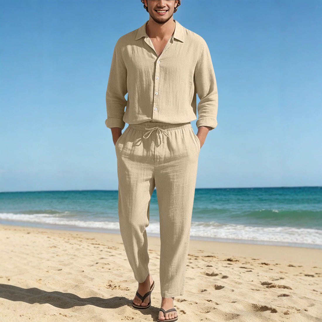 Mens Casual Linen Shirt and Trousers Set