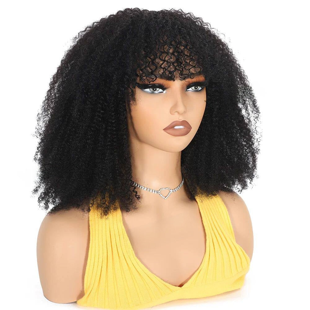 Afro Kinky Curly Human Hair Wigs with Bangs