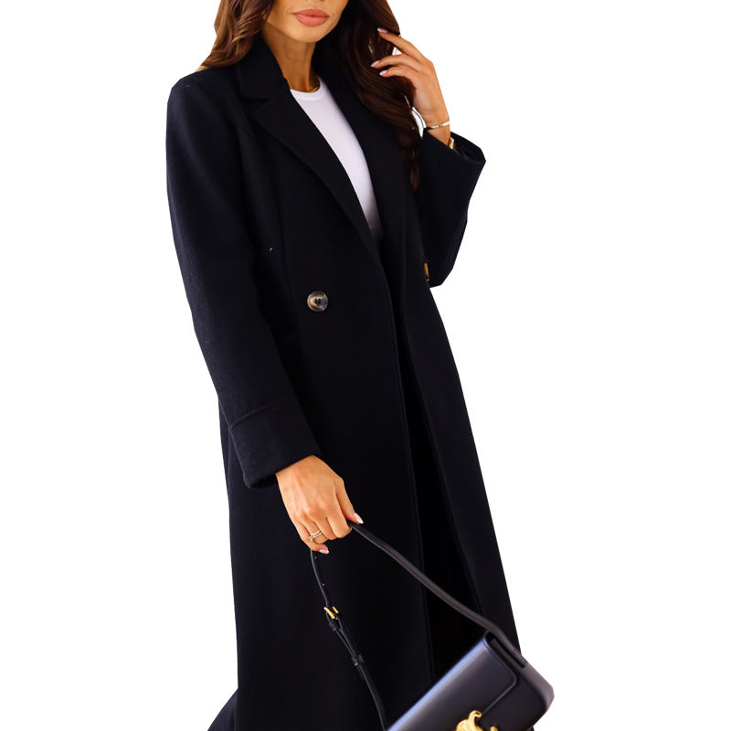 Womens Double Breasted Lapel Woolen Coat Solid Color Long Sleeve
