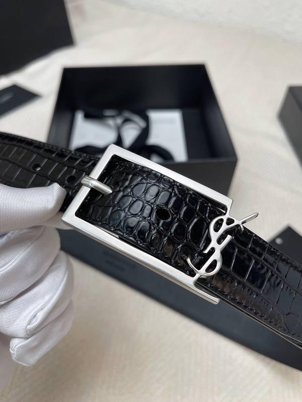 Saint Laurent Classic Monogram Square Buckle Belt Crocodile Embossed Leather