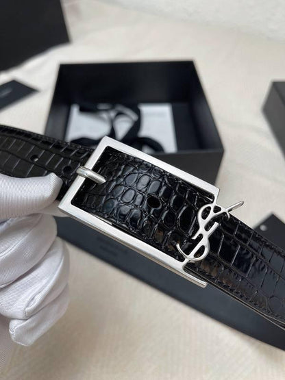 Saint Laurent Classic Monogram Square Buckle Belt Crocodile Embossed Leather