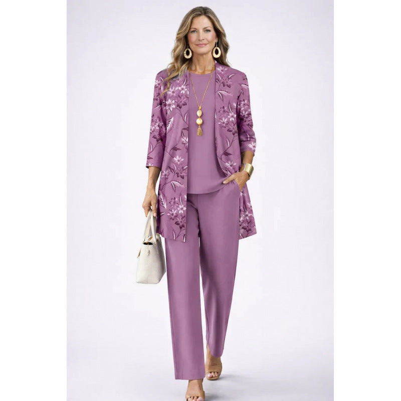 Womens Casual Printed Cardigan Long Sleeve Top and Pants Set