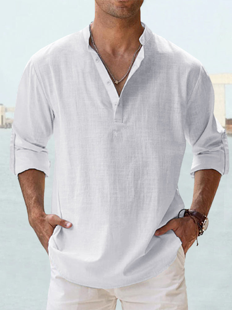 Mens Casual Stand Collar Long Sleeve Cotton Shirt