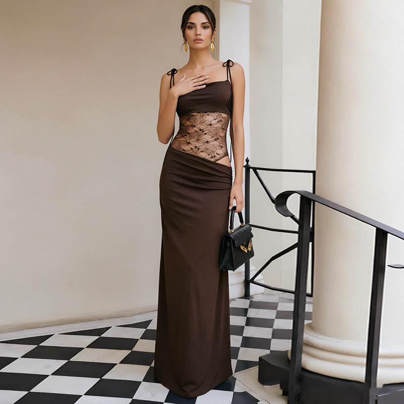 Women Summer Solid Color Lace Splicing Strap Dress
