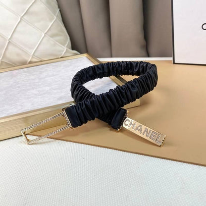Chanel Logo Buckle Elastic Belt Leather with Metal and Crystals &