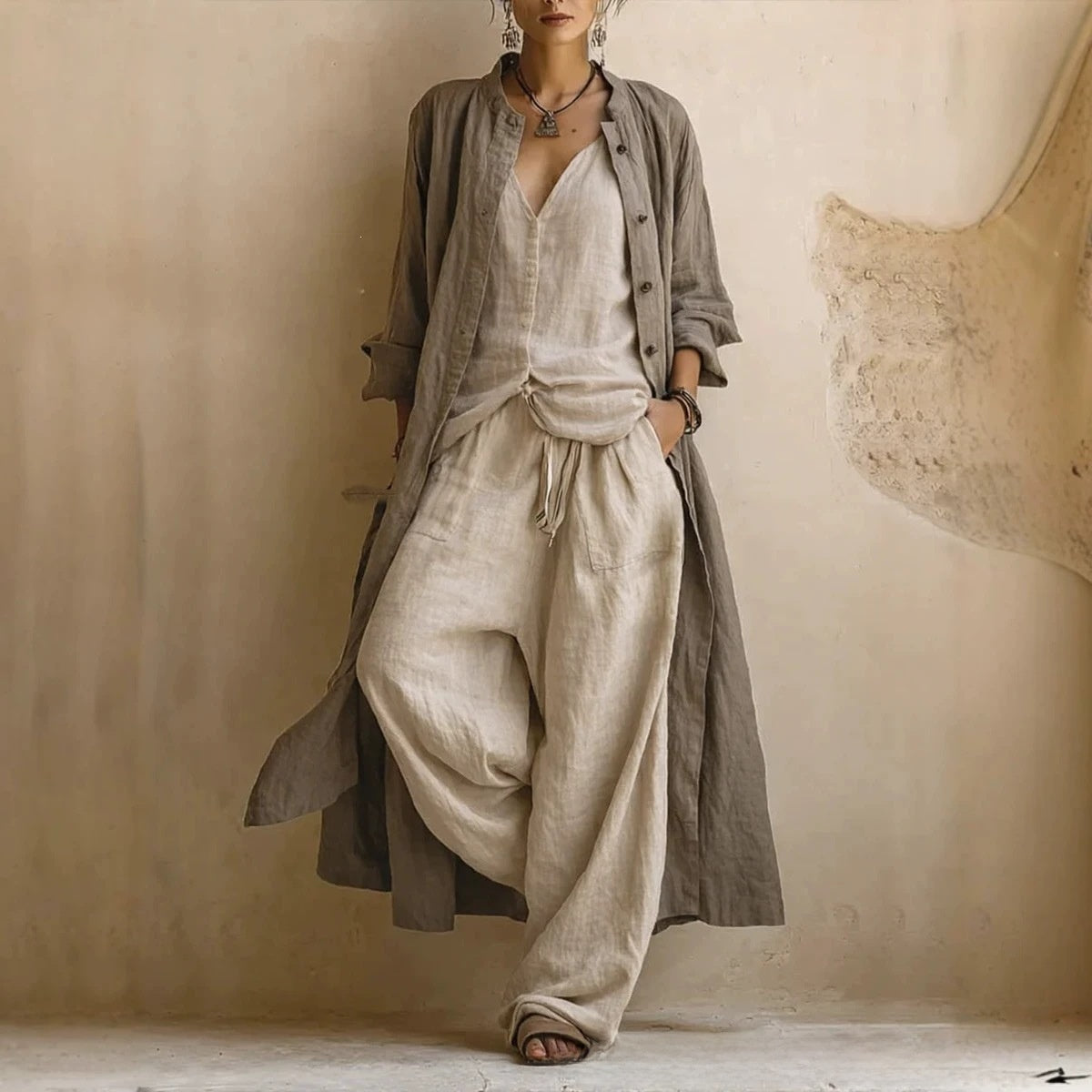 Women Solid Color Wide Leg Pants Set