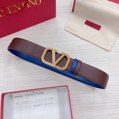 Valentino V logo Hammered Buckle Reversible Wide Signature Belt &