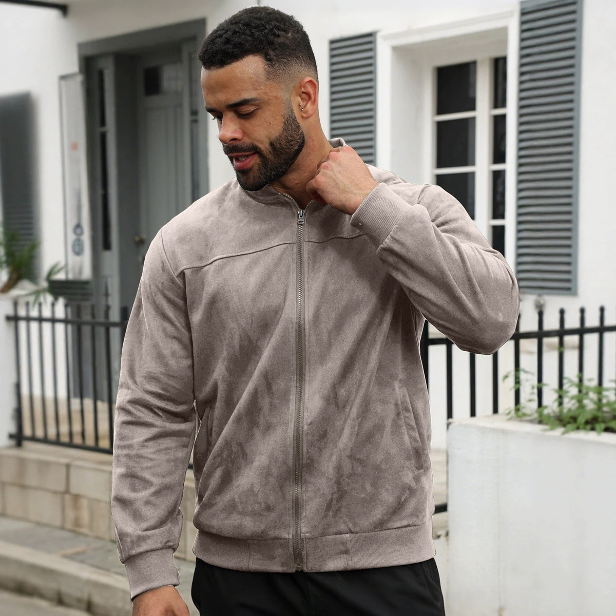 Mens Suede Stand Collar Zipper Jacket