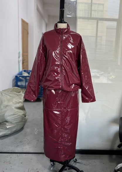 PU Leather Jacket and Skirt Set