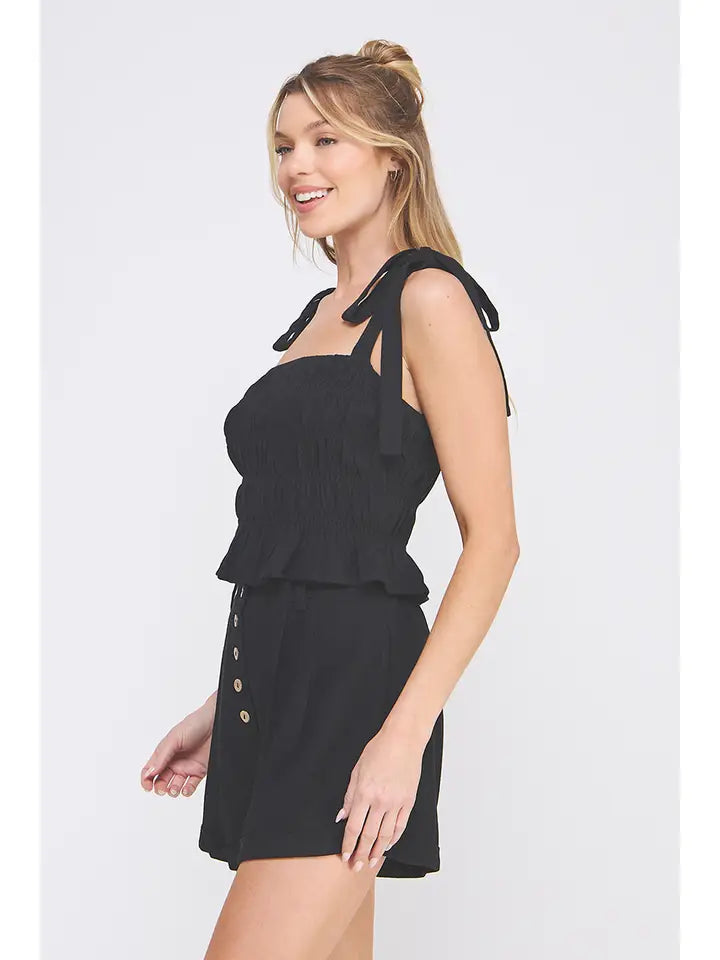 Soft Linen Smocked Tie Straps Tank: Black