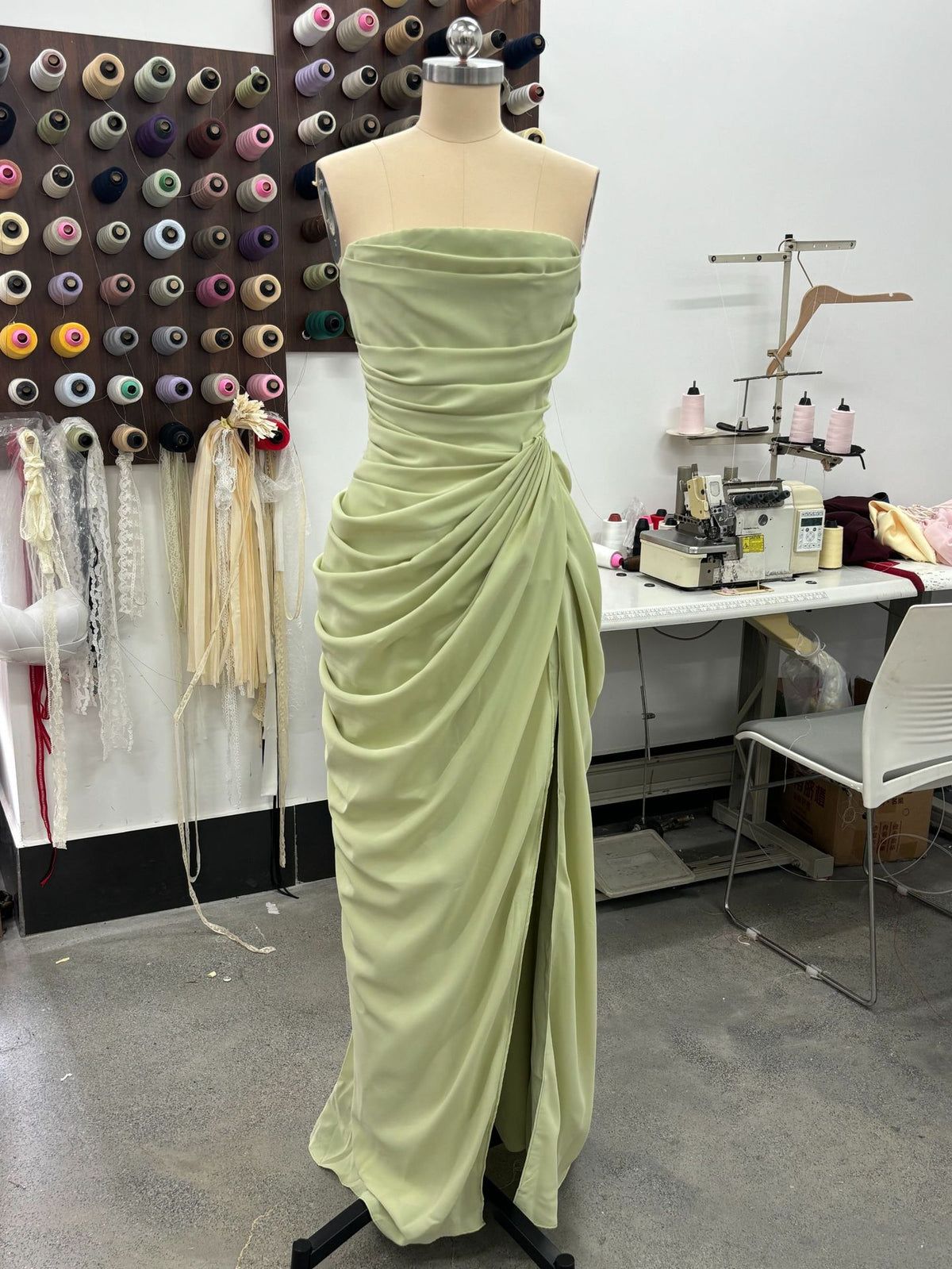 Sexy Slit Ruched Waist Strapless Long Dress