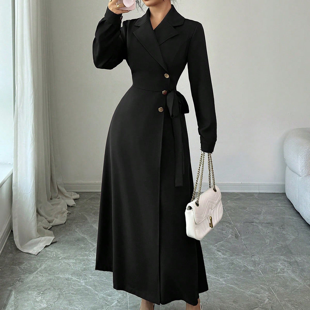 Womens Suit Collar Long Sleeve Waist Tie Dress