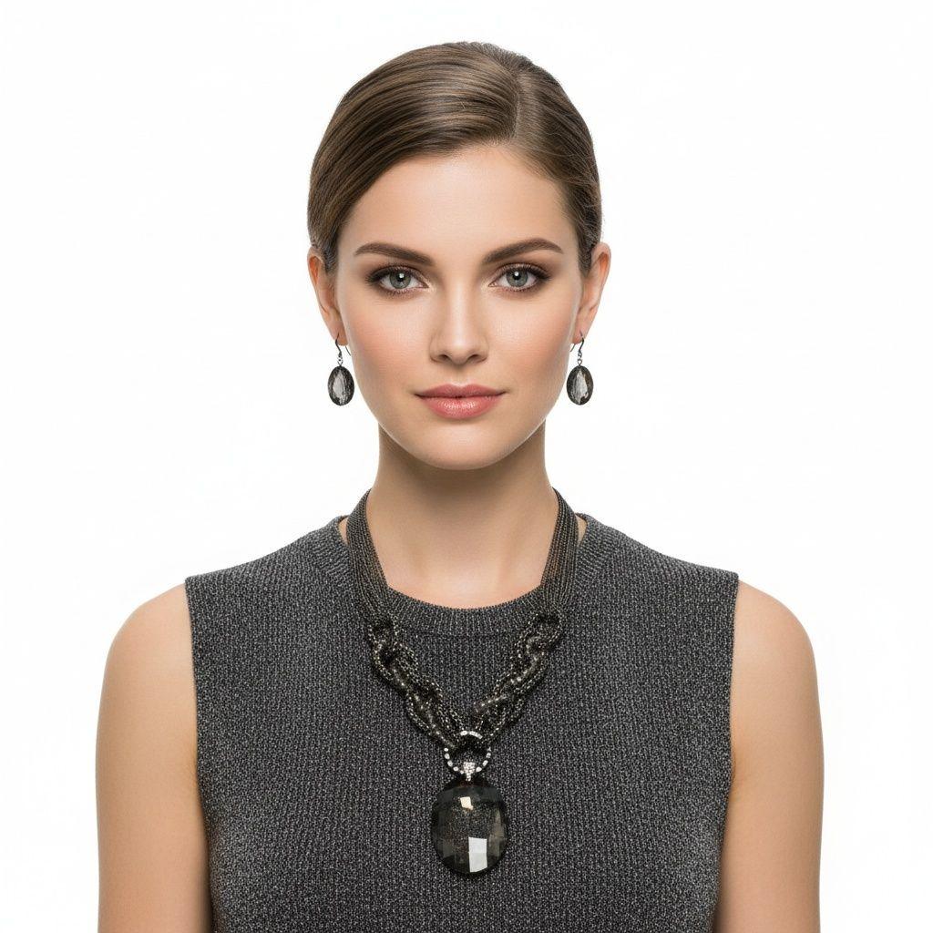 Pendant Black Oval Crystal Hematite Chain Necklace