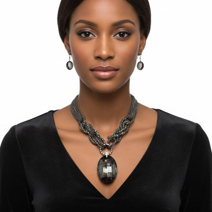Pendant Black Oval Crystal Hematite Chain Necklace