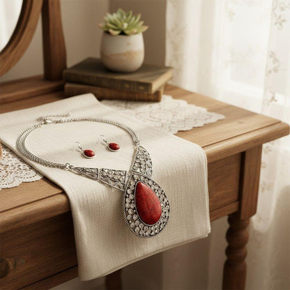 Pendant XL Red Cracked Teardrop Tribal Necklace