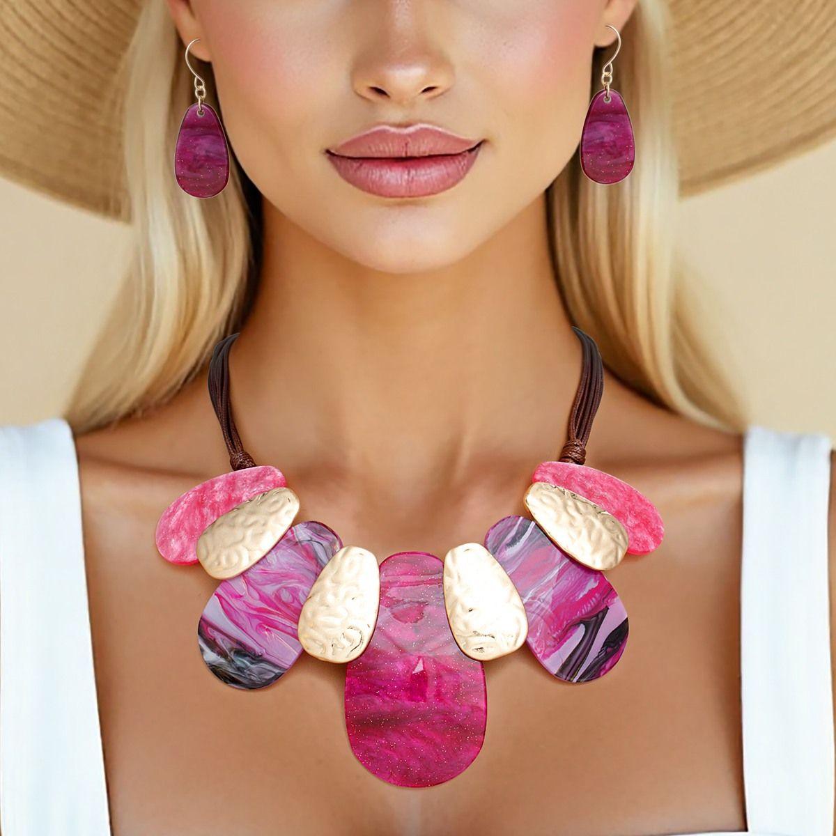 Bib Fuchsia Shades Teardrop Brown Cord Necklace